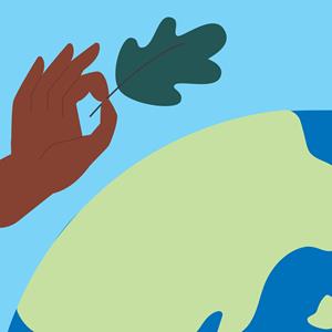 A cartoon drawing of a hand holding an oak leaf. Below the hand there is a cartoon picture of plant earth.