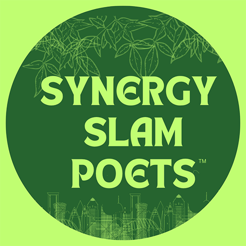 The Synergy Slam Poets logo. It says Synergy Slam Poets in a dark green round circle. The are drawings of buildings at the bottom of the circle and flowers at the top.